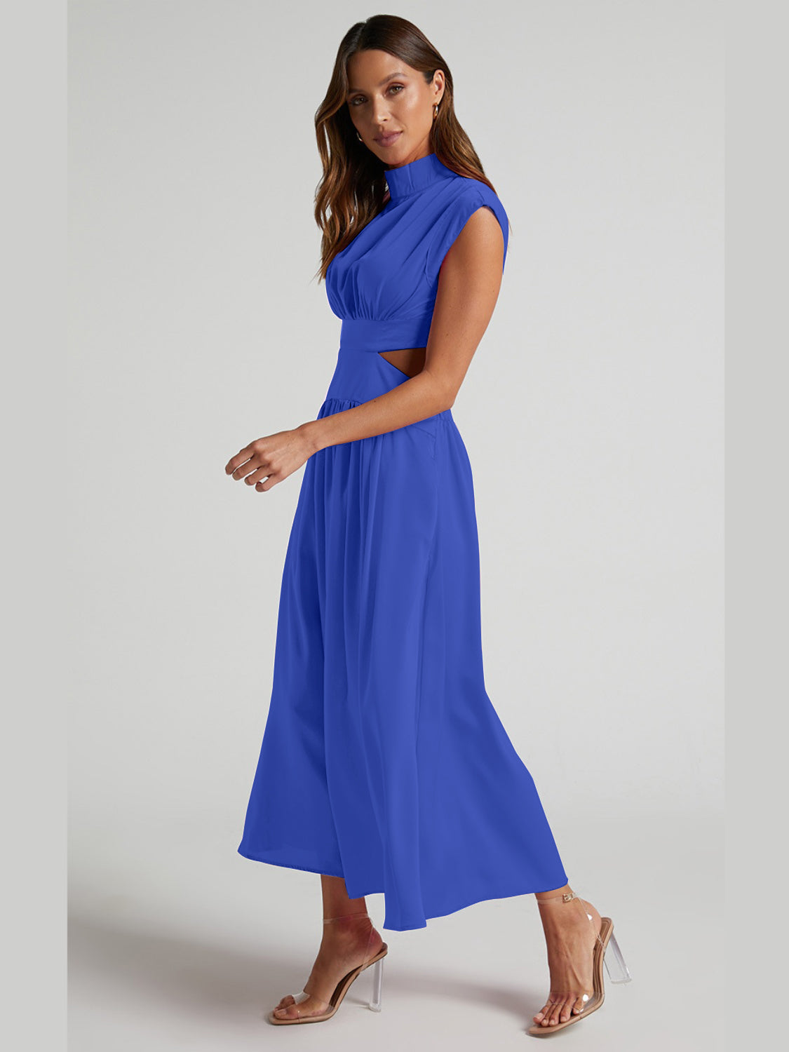 Cutout Mock Neck Sleeveless Ruched Dress - Ladyez
