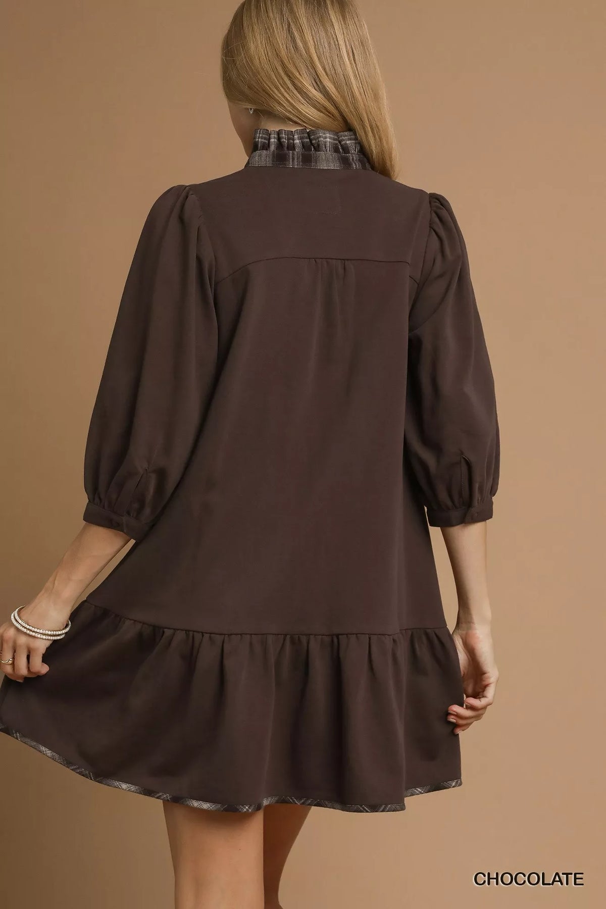 Umgee French Terry Ruffle Hem Dress with Plaid Trim