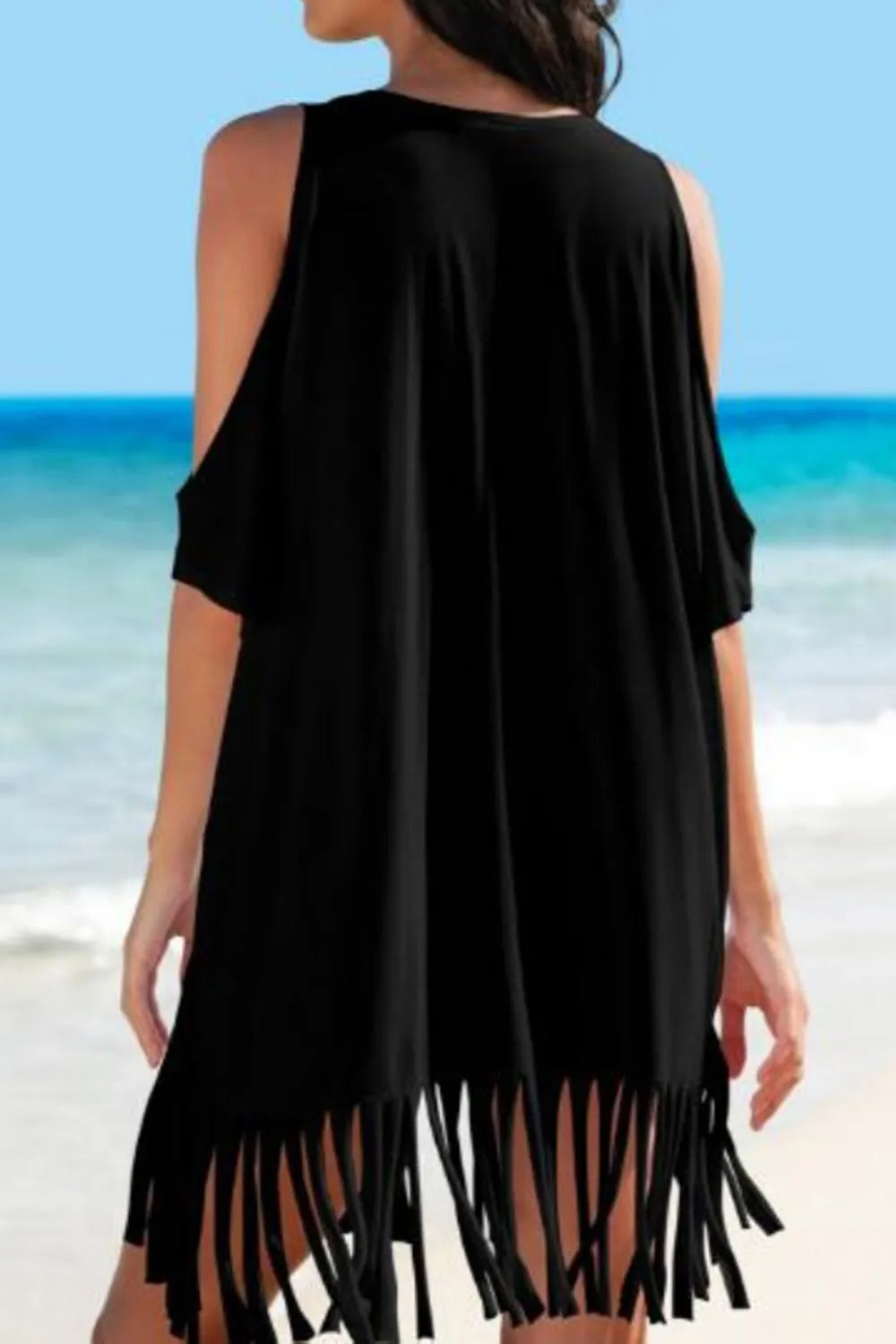 Fringe V-Neck Cold Shoulder Cover Up - Ladyez