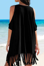 Fringe V-Neck Cold Shoulder Cover Up - Ladyez