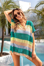Angel Wings Openwork Striped V-Neck Short Sleeve Cover Up - Ladyez