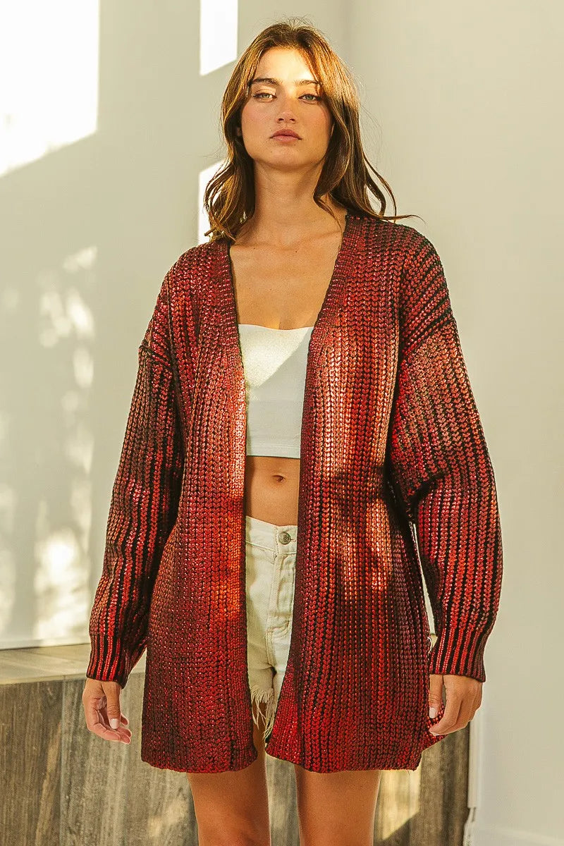BiBi Metallic Knit V-neck Open Sweater Cardigan