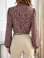Printed Bow-Tie Neck Long Sleeve Blouse