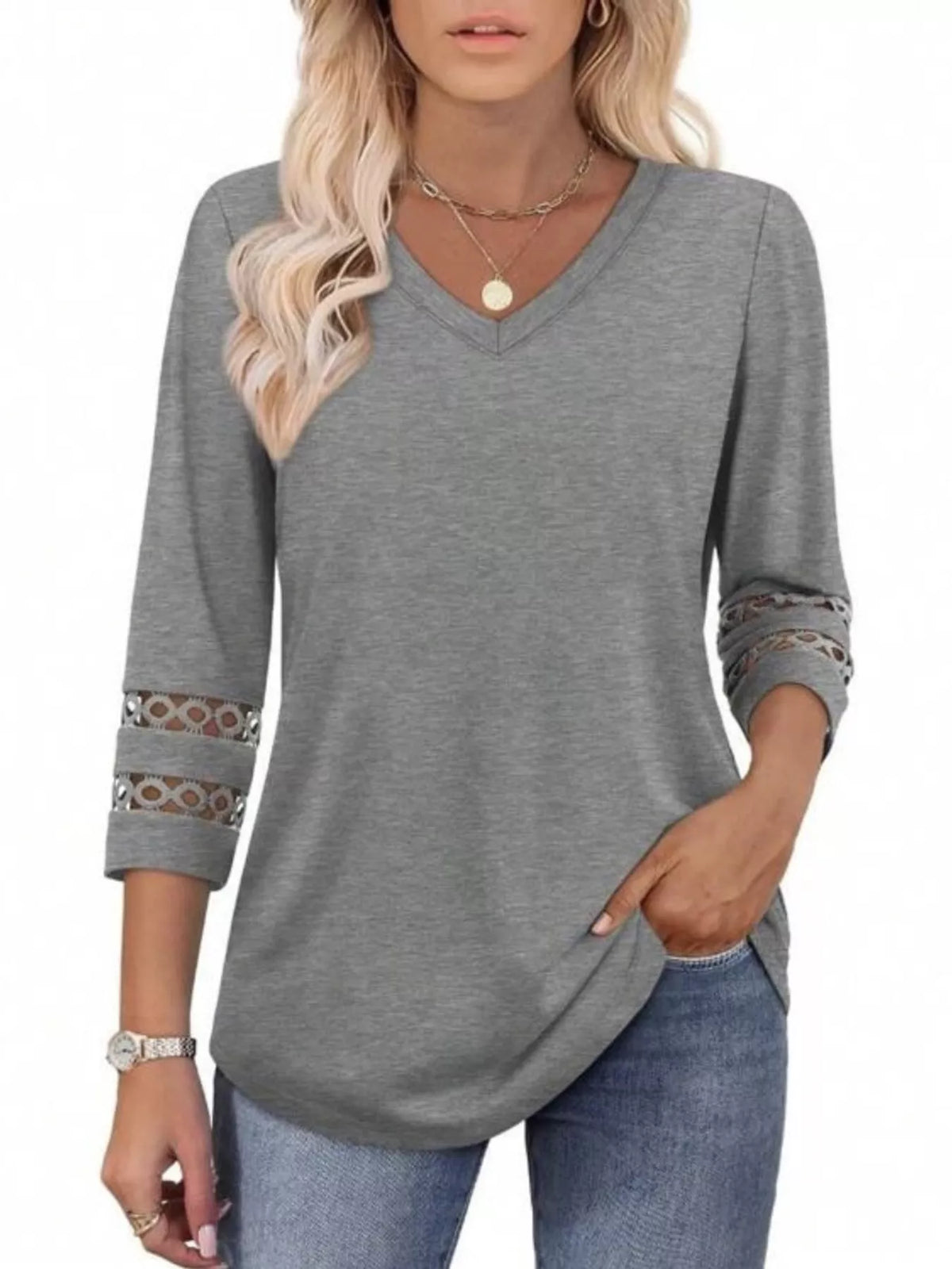 Full Size V-Neck 3/4 Sleeve T-Shirt Plus Size