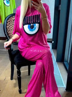 Full Size Eye-Pattern Round Neck Top and Pants Two-Piece Set Plus Size