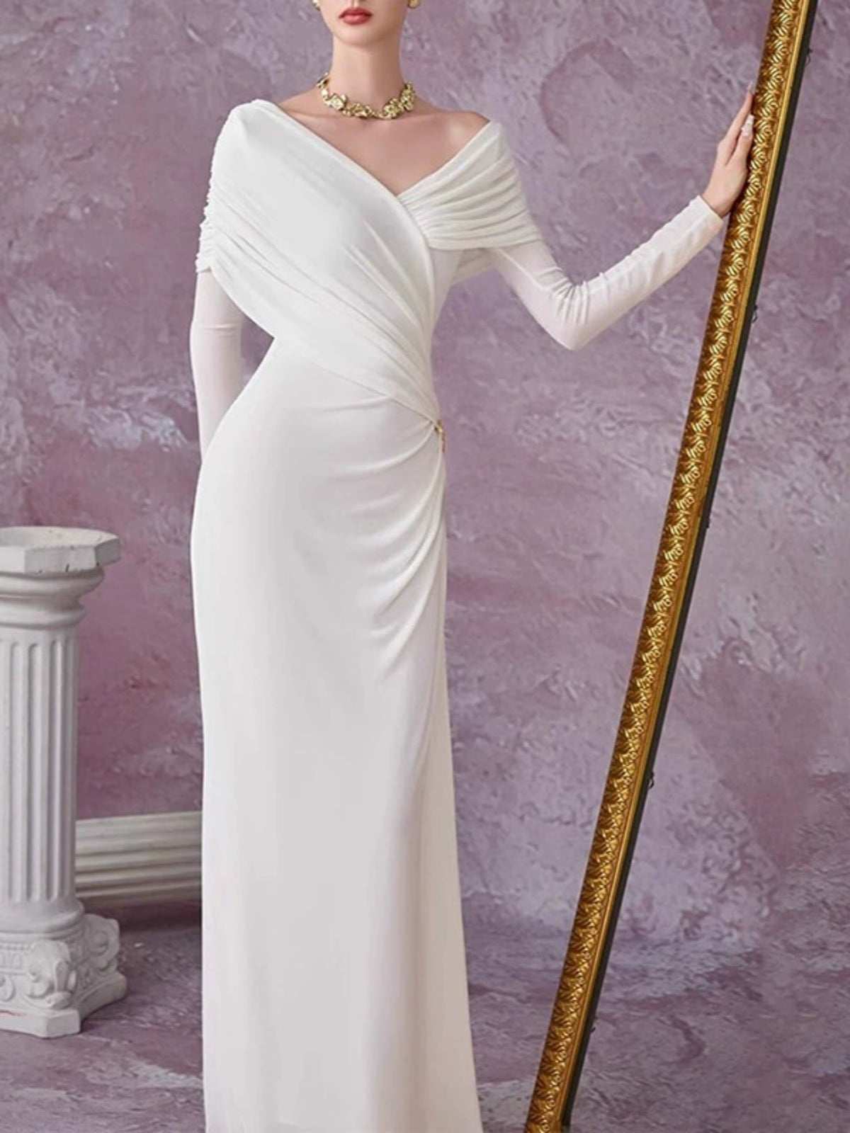 Ruched Draped Long Sleeve Maxi Dress