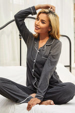 Contrast Piping Button Down Top and Pants Loungewear Set - Ladyez