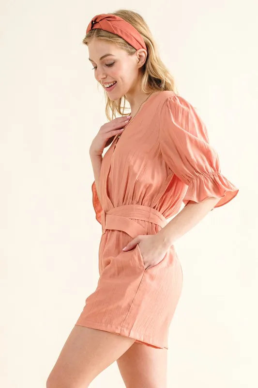 And The Why Flounce Sleeves Romper with Belt - Ladyez