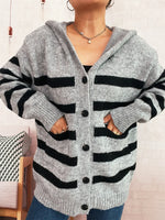 Striped Button-Up Hooded Cardigan