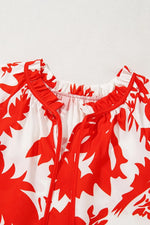 Plant Print Tiered Ruffled Sleeve Tie Neck Blouse