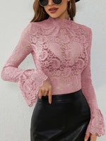 Mock Neck Long Sleeve Lace Top - Ladyez