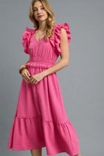 Umgee V-Neck Ruffled Cap Sleeve Midi Dress