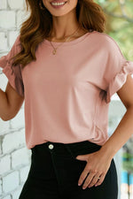 Solid Color Ribbed Ruffled Short Sleeve T Shirt