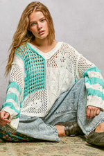 POL Color-Blocked Stripe Pattern Knit Top with Twisted Weave