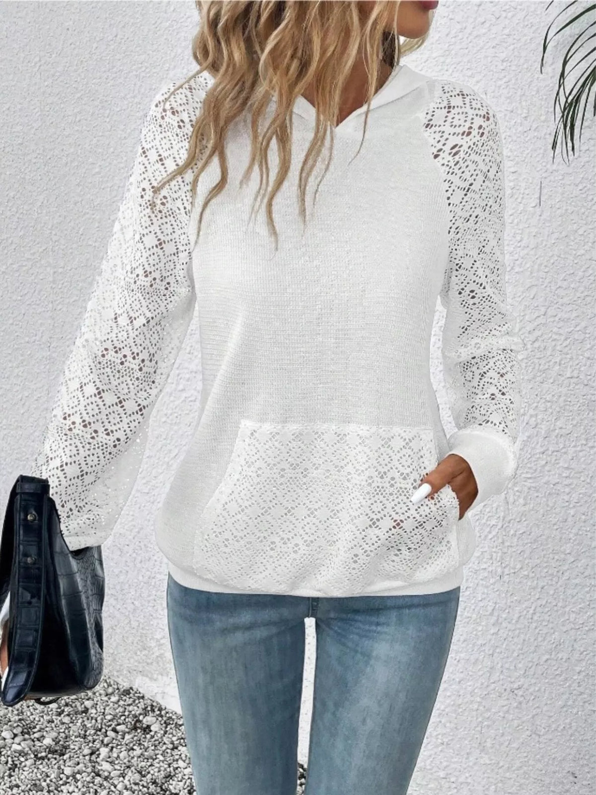 Lace Sleeve Kangaroo Pocket Hoodie