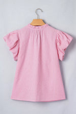 Stripe Short Bubble Sleeve Split V Neck Blouse