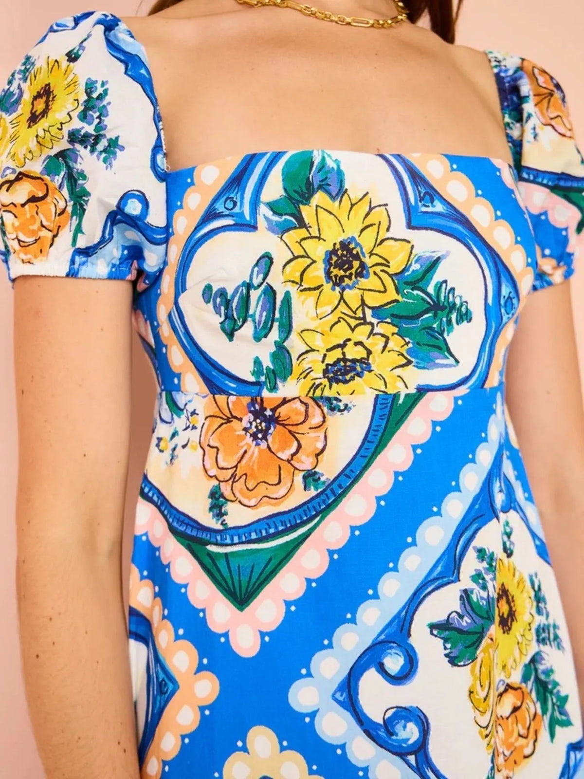 Printed Square Neck Puff Sleeve Maxi Dress - Ladyez