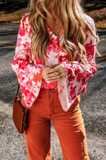 Floral Flare Sleeve Button Up V-Neck Bodysuit - Ladyez