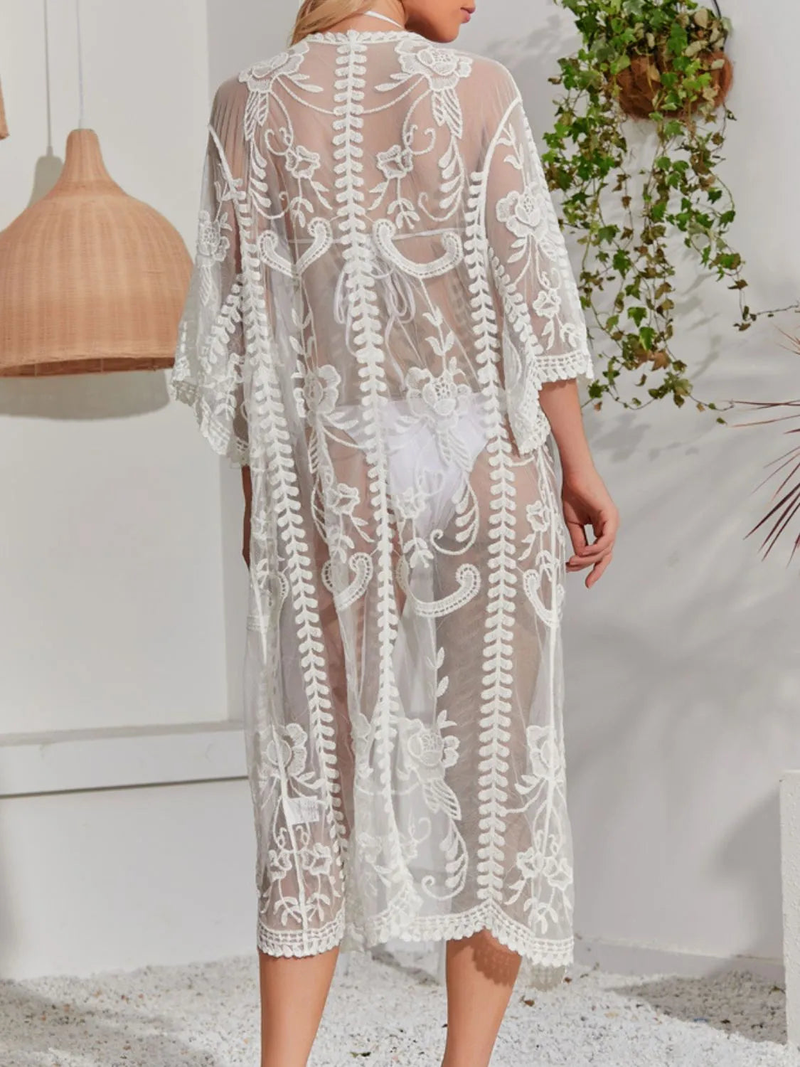 Lace Detail Open Front Longline Cover-Up - Ladyez