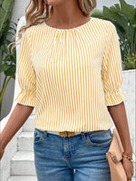 Striped Round Neck Half Sleeve Casual Blouse - Ladyez