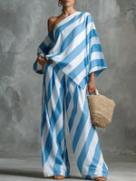 Full Size One-Shoulder Striped Top and Wide-Leg Pants Set Plus Size