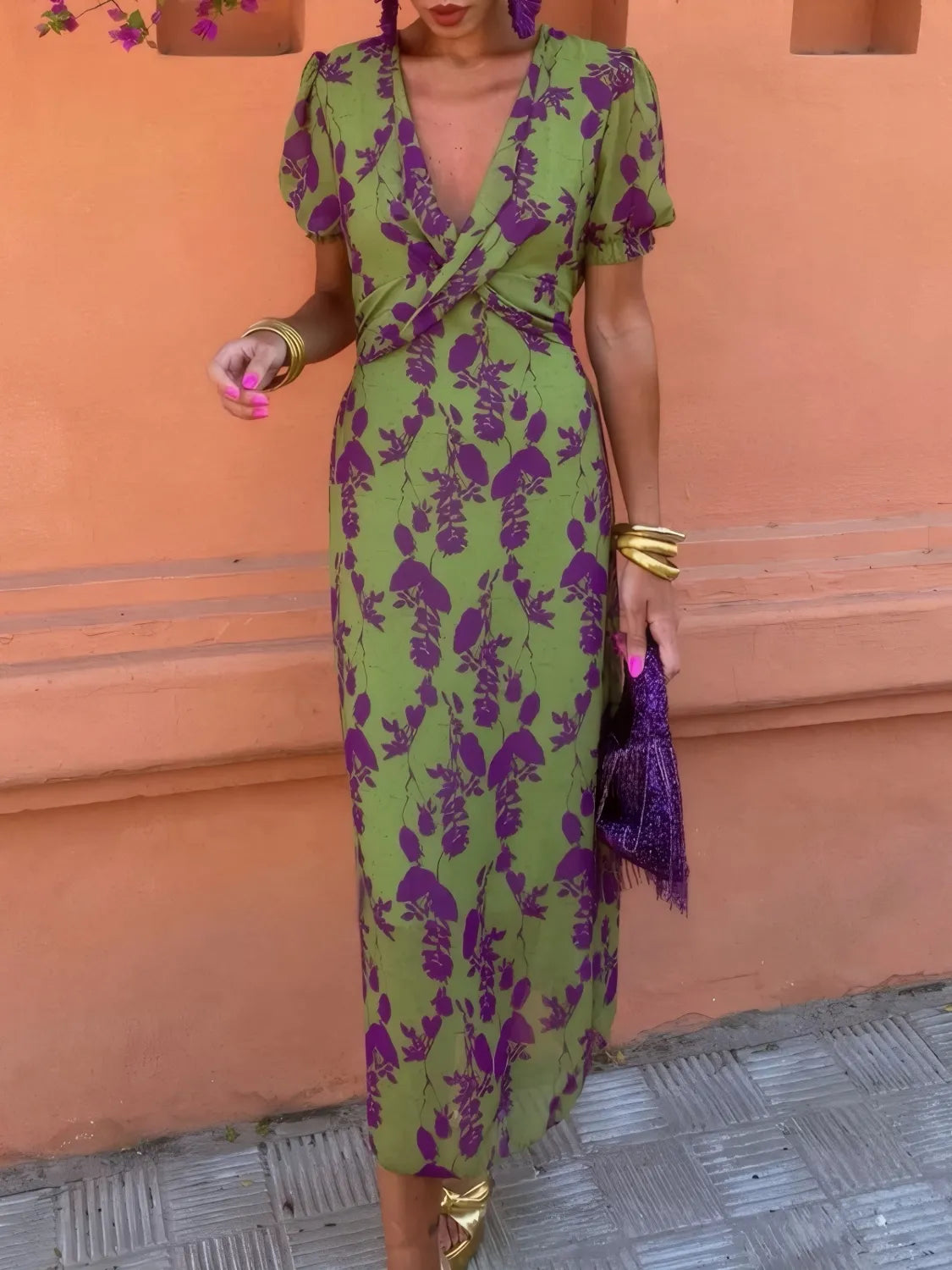 Printed Plunge Short Sleeve Midi Dress - Ladyez