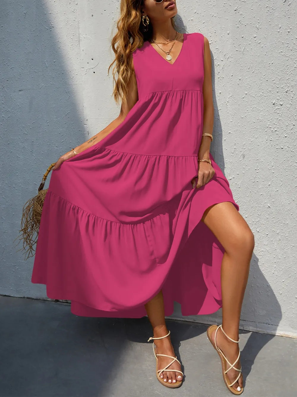 FAM-FAM Tiered V-Neck Sleeveless Dress - Ladyez