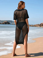 Slit Openwork Johnny Collar Short Sleeve Cover-Up - Ladyez