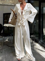 Ruffle Trim Tie Front Top and Pants Set