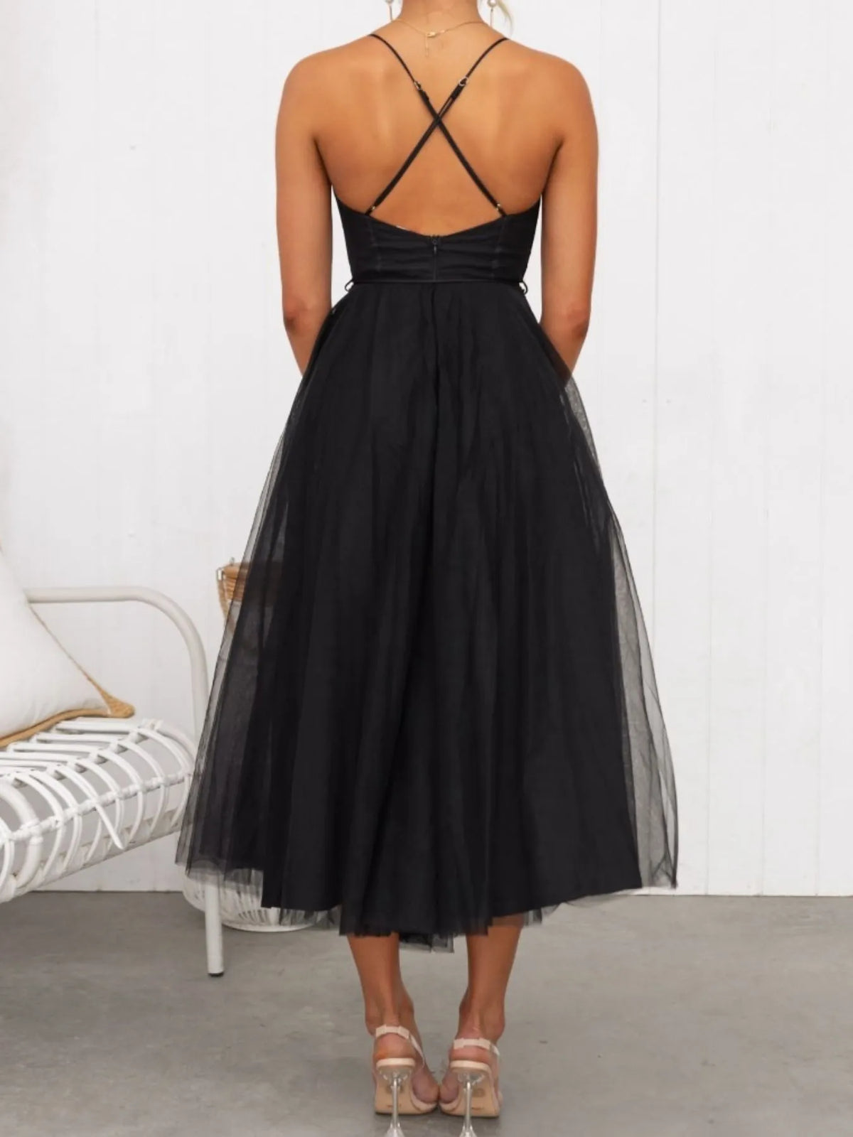 Sweetheart Neck Tulle Midi Dress - Ladyez