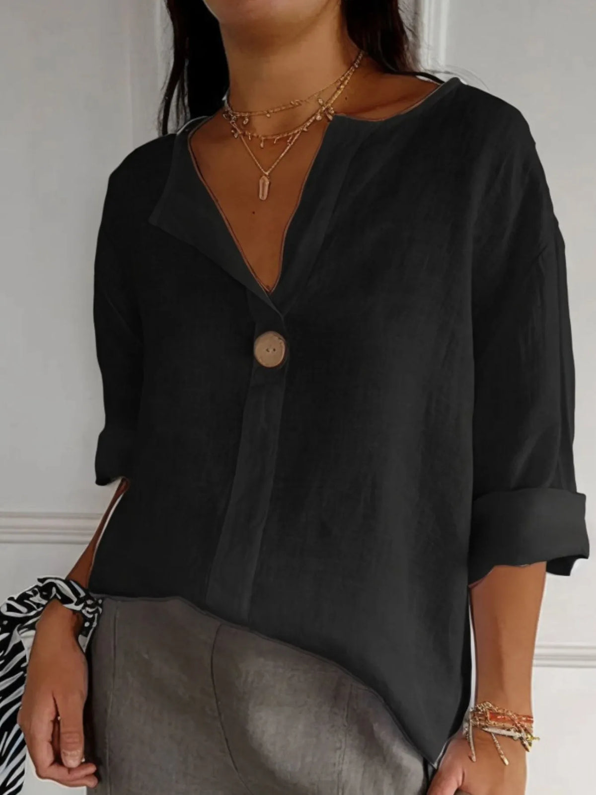 Full Size Linen Blend Notched Blouse Plus Size - Ladyez