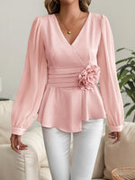 Flower Surplice Long Sleeve Blouse - Ladyez