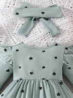Children's Heart Print Ruffle Trim Bodysuit Dress with Headband