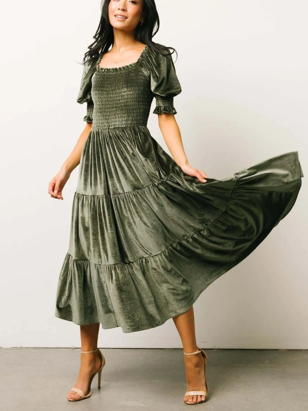 Smocked Half Sleeve Tiered Midi Dress - Ladyez