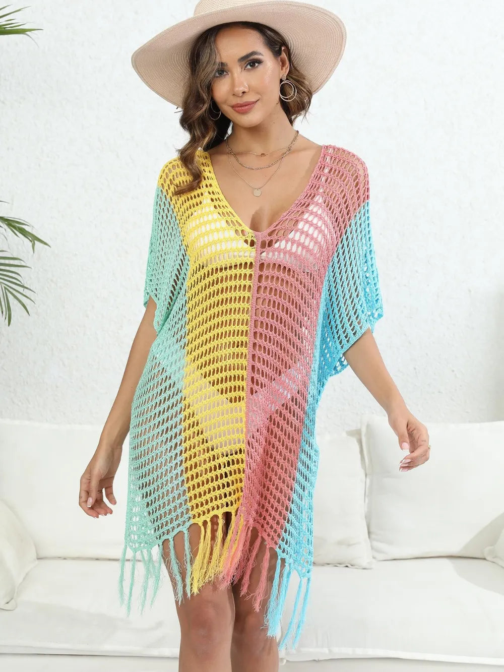 Fringe Color Block Scoop Neck Cover Up - Ladyez