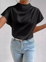 Mock Neck Short Sleeve Satin Blouse - Ladyez