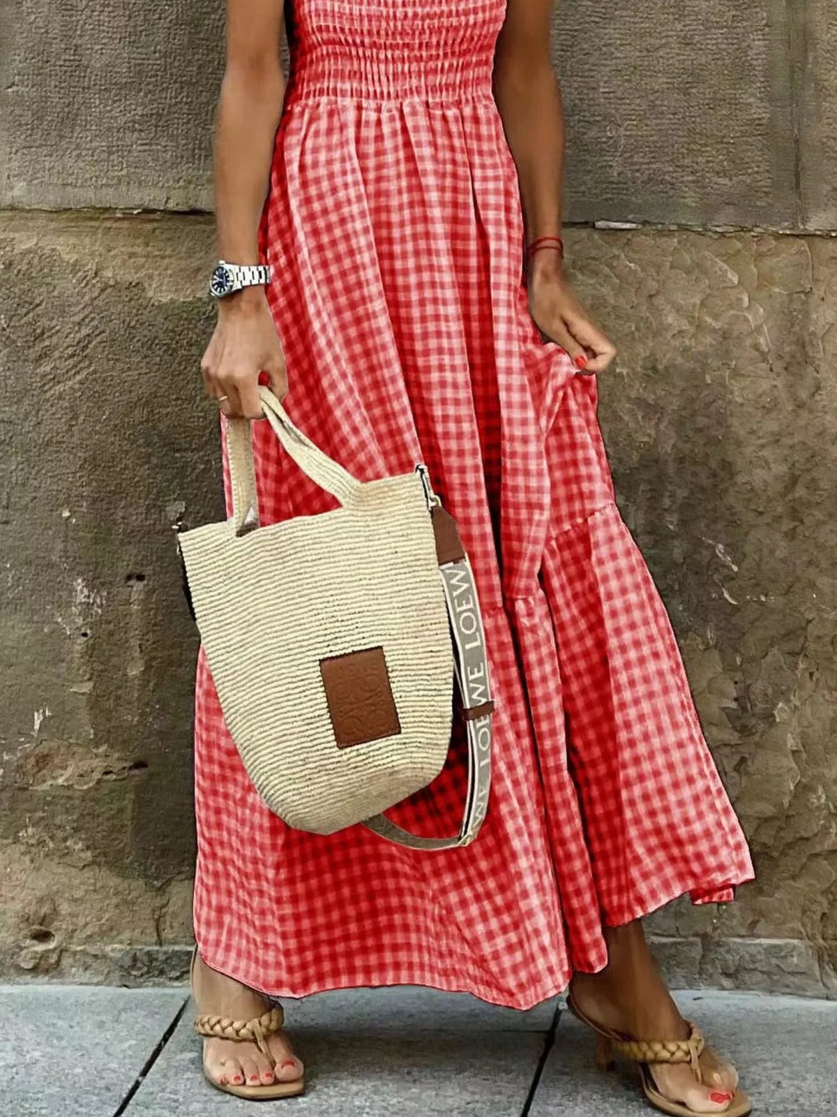 Smocked Gingham Maxi Dress with Ruffle Straps - Ladyez