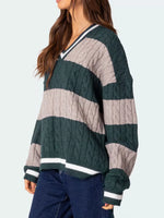 Striped Cable Knit V-Neck Sweater