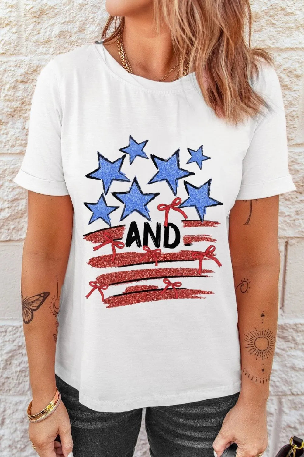 Stars and Stripes Bow Graphic T Shirt - Ladyez