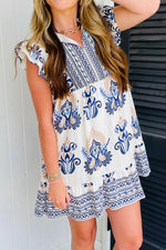 Boho Western Floral Printed Split Neck Ruffled Sleeve Mini Dress