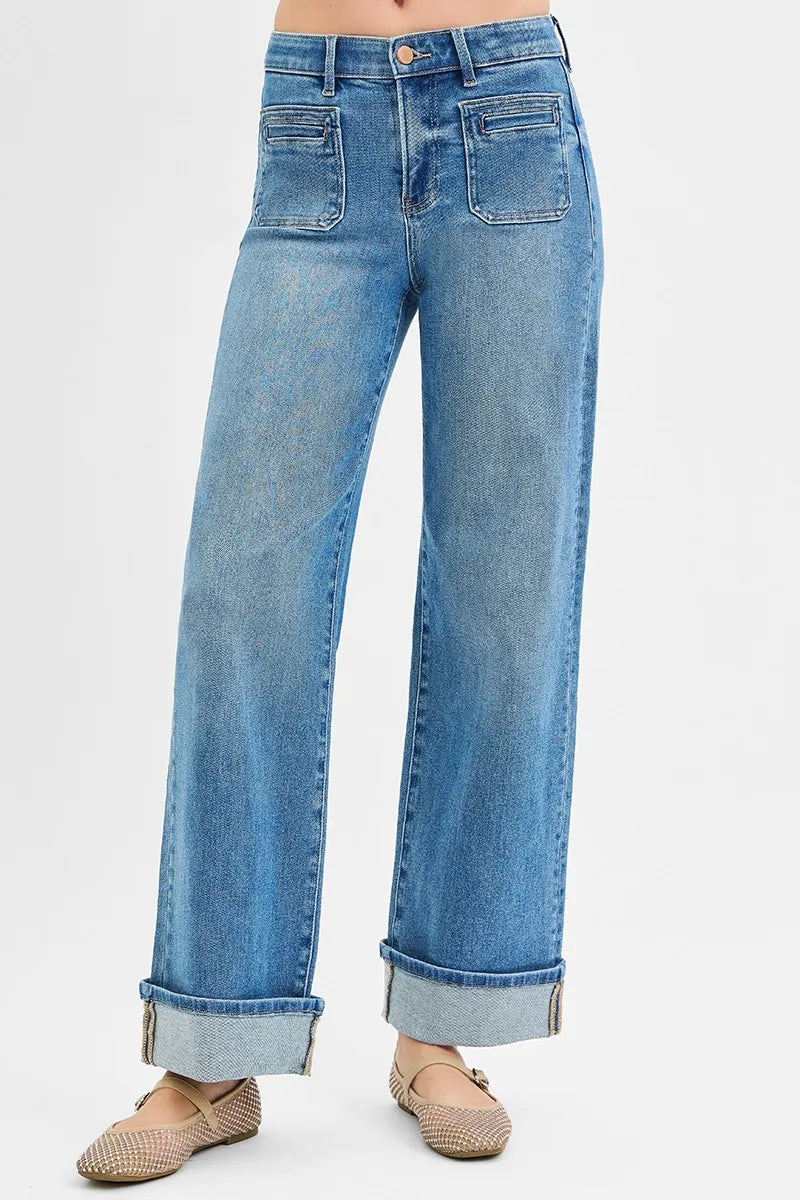 RISEN Full Size Elastic Band Mid Rise Wide Front Patch Pocket Cuff Jeans Plus Size - Ladyez