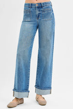 RISEN Full Size Elastic Band Mid Rise Wide Front Patch Pocket Cuff Jeans Plus Size - Ladyez
