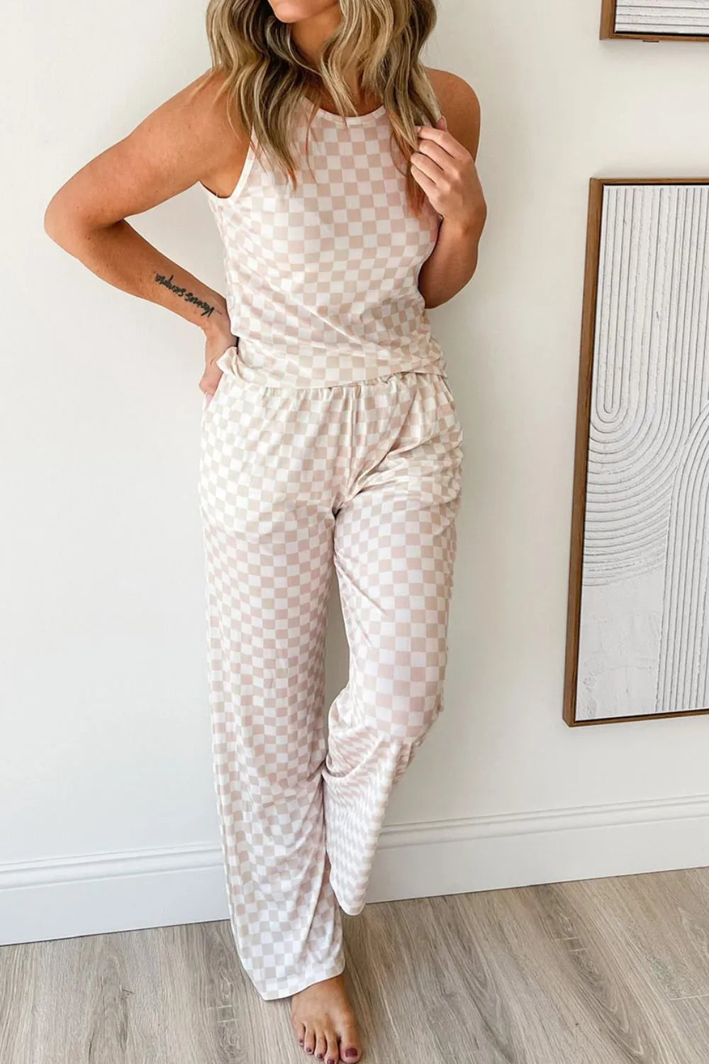 Ribbed Texture Checkered Print Tank and Pants Set - Ladyez
