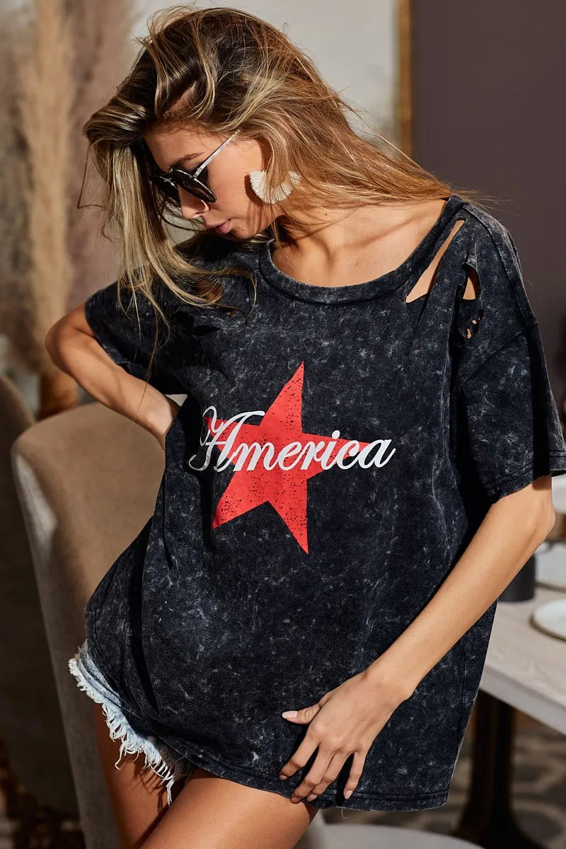BiBi Laser Cut Mineral Washed Jersey Top withAmerica