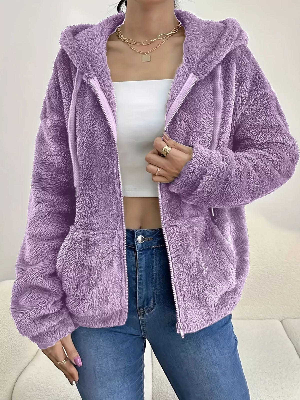 Drawstring Fleece Zip-Up Outerwear