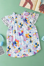 Ruffled Printed Tie Neck Cap Sleeve Blouse