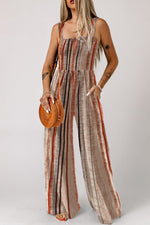 Stripe Square Neck Sleeveless Smocked Bodice Wide Leg Jumpsuit