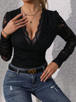 Perfee Lace Plunge Long Sleeve Bodysuit - Ladyez