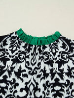 Damask Print Ruffled Color Block Detail Half Sleeve Blouse