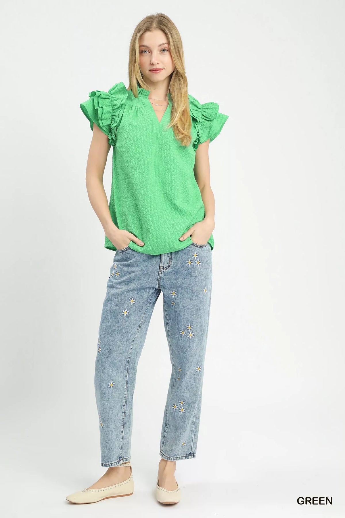 Umgee Textured Ruffle Sleeve Notched Top